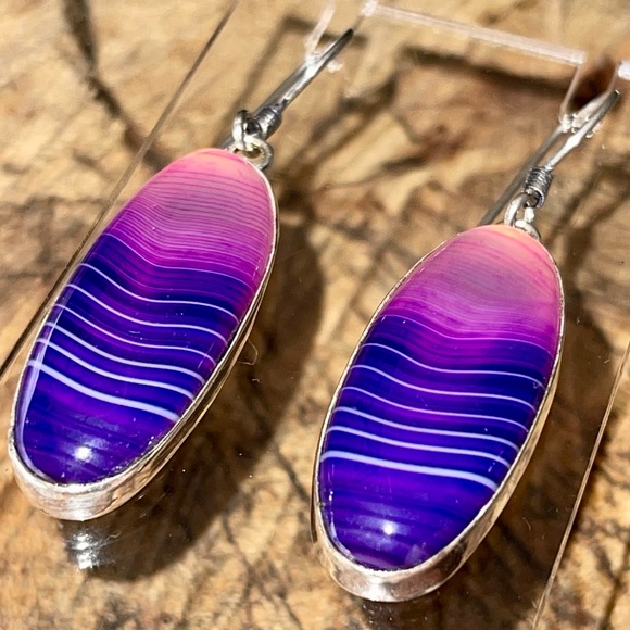 Purple-Pink Botswana Agate Earrings 2” - Picture 5 of 11